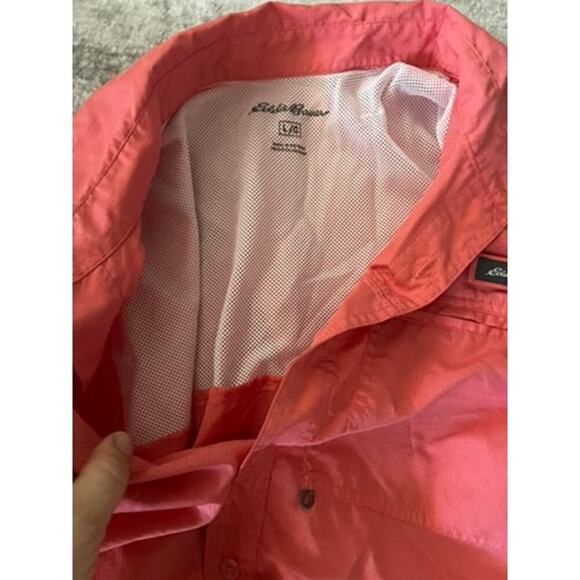 Eddie Bauer Men's Short sleve summer light woven tech shirt UPF 40 Pink Coral L - Picture 8 of 8
